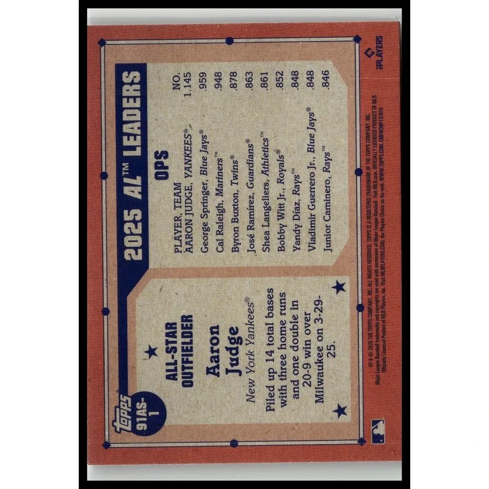 2026 Topps Aaron Judge #91AS-1 1991 Topps Baseball 35th Pink (Series Two)